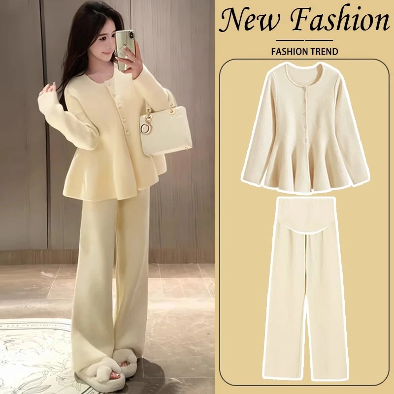 孕妇套装秋冬2025新款百搭时髦小香风冬季奶黄色毛衣针织两件套女