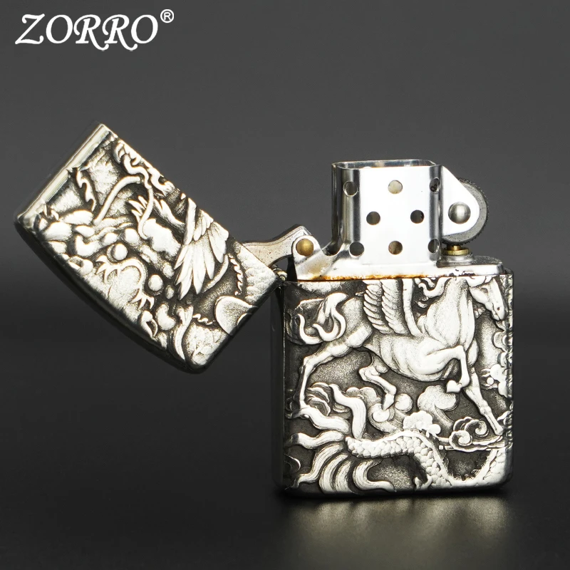 ZORRO佐罗防风煤油打火机3D浮雕龙马精神902S手工创意送男士礼物