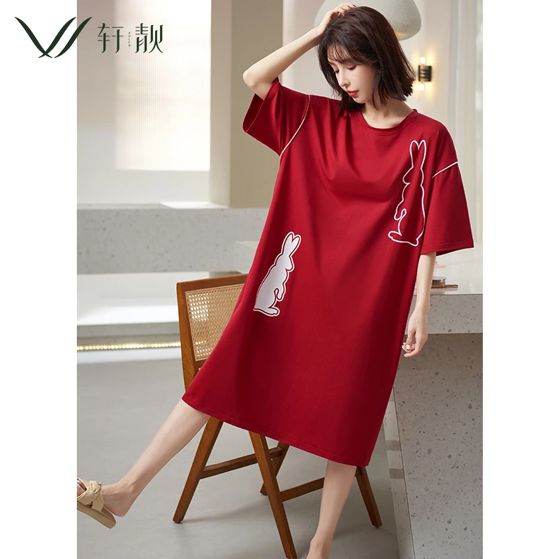 【纯棉】轩靓睡裙女夏季薄款短袖睡衣红色新娘结婚大码家居服晨袍