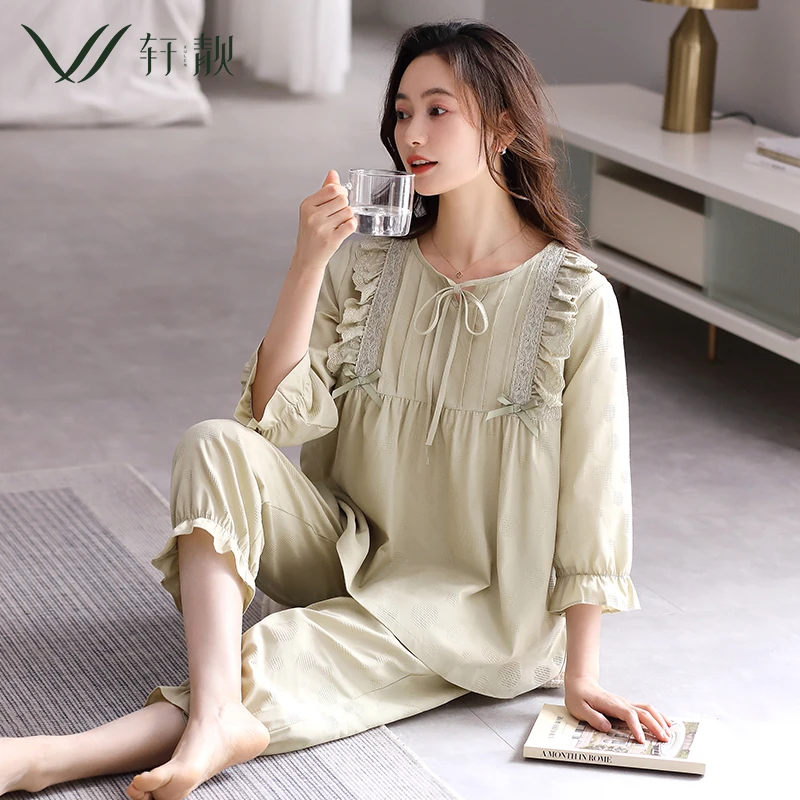 【梭织棉】春夏睡衣女士半袖九分裤夏天薄款纯棉可外穿家居服套装