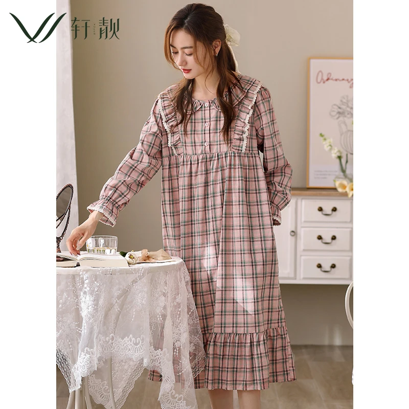 【梭织纯棉】睡裙女春秋款长袖格子睡衣家居服全棉长款大码连衣裙