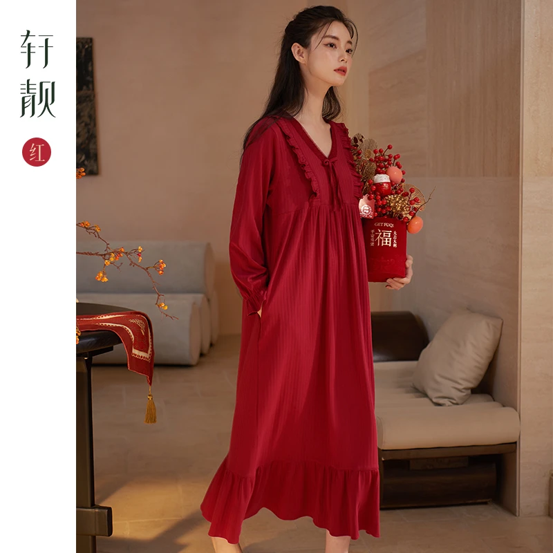 【纯棉】本命年睡裙女春秋季长袖睡衣红色晨袍新娘结婚家居服大码
