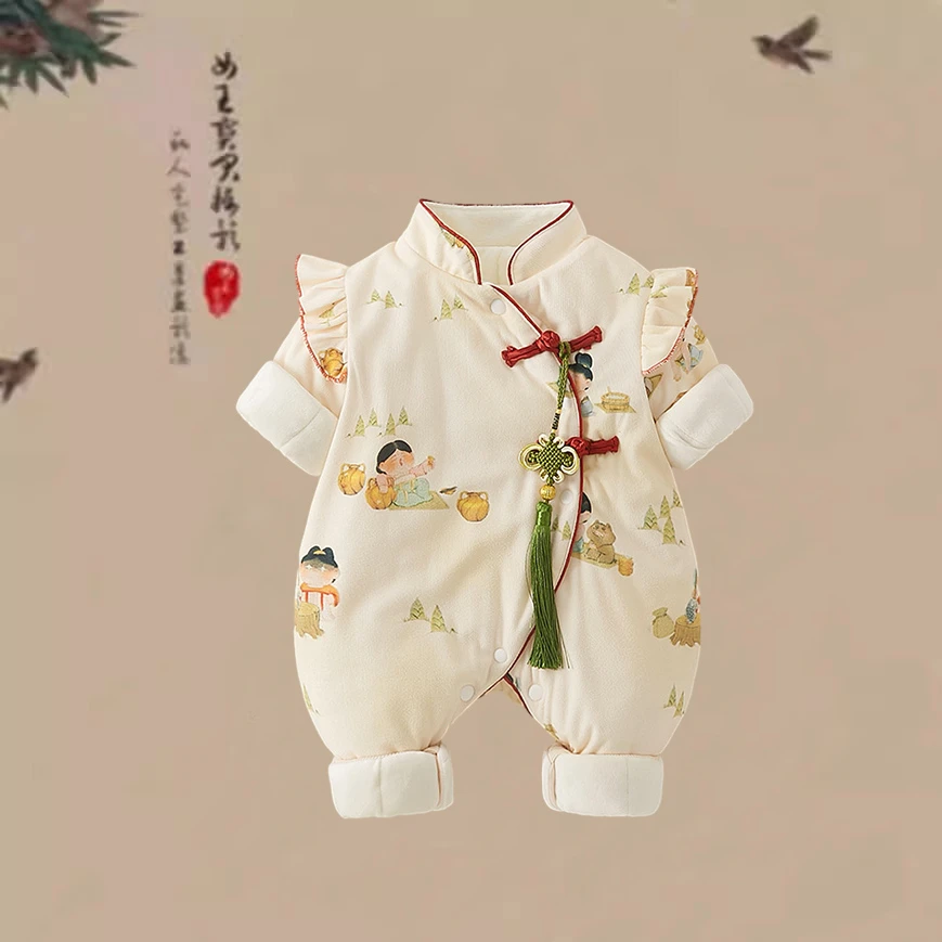 婴儿秋冬季衣服中国风男女宝宝2023新款夹棉连体衣百天礼服薄棉服