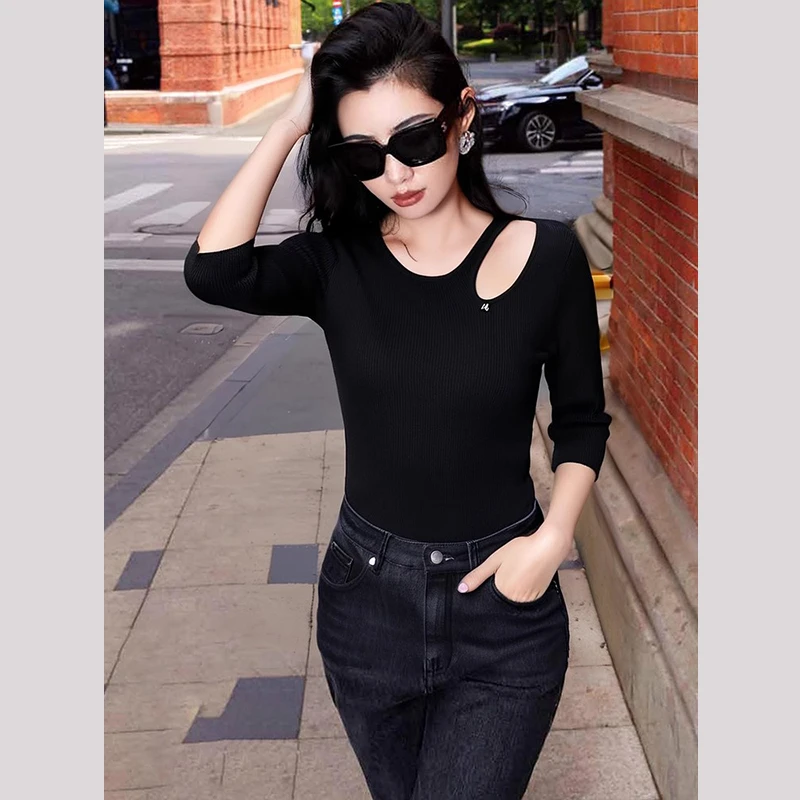 （黑色）32042【N系列】气质个性七分袖针织衫M23C3M1027