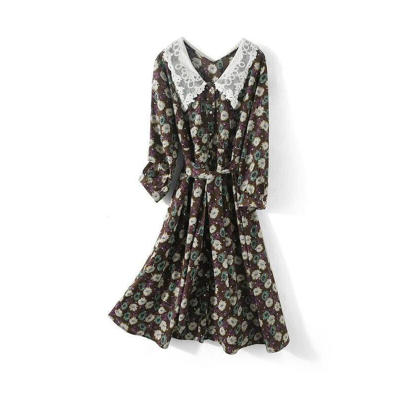 12827【木系列】蕾丝娃娃领碎花连衣裙21161539L1