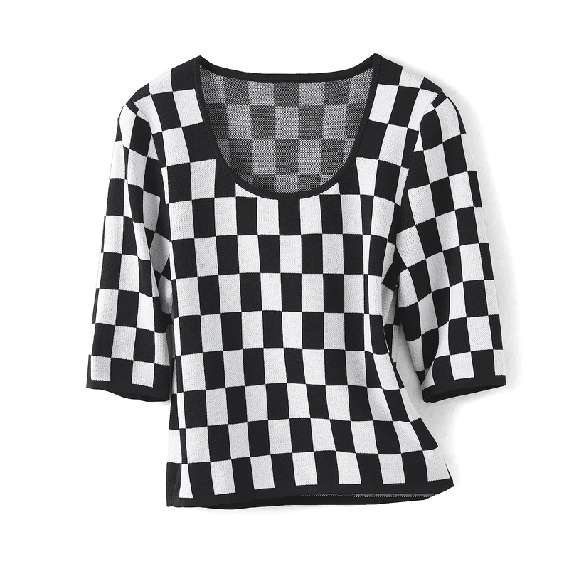 26374【依系列】圆领棋盘格短袖针织衫233YRZZS001