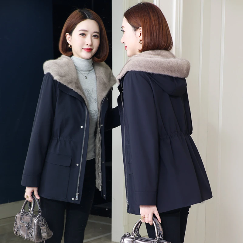 海宁可拆卸内胆派克服女水貂毛中长款尼克服加厚拼貂皮草外套冬款