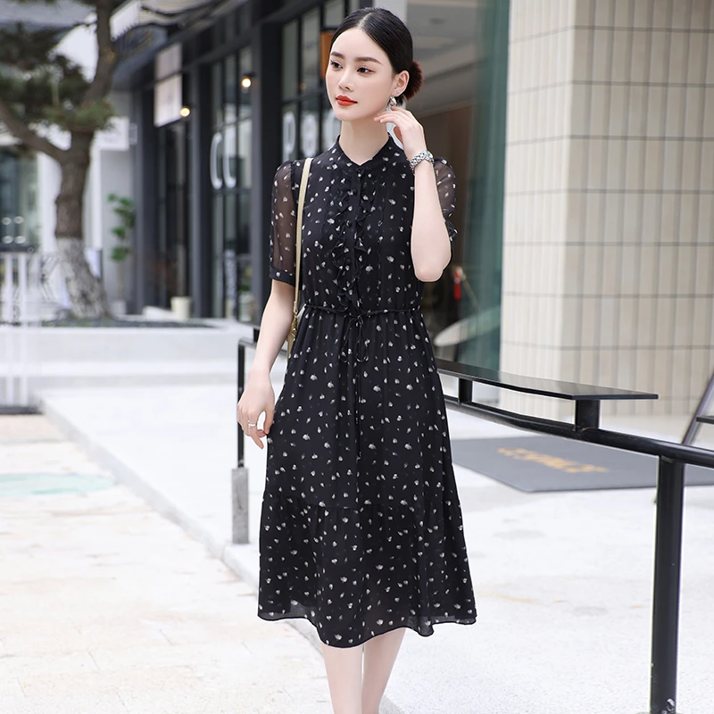 短袖印花桑蚕丝连衣裙女2024夏季新款贵夫人高档洋气中长款a字裙