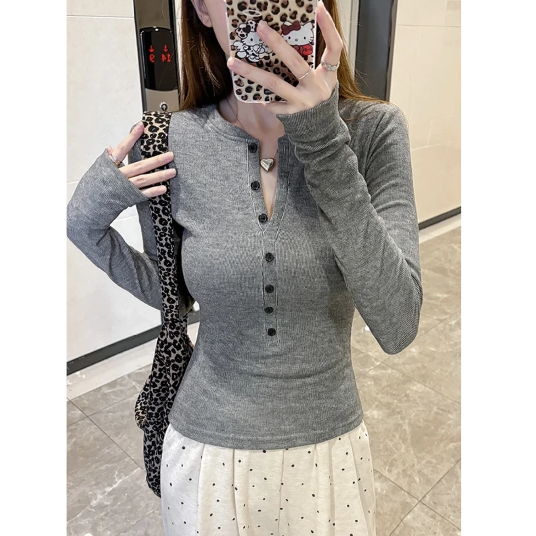 早秋新款加绒美式辣妹半开领长袖T恤修身纯欲风上衣内搭打底衫女