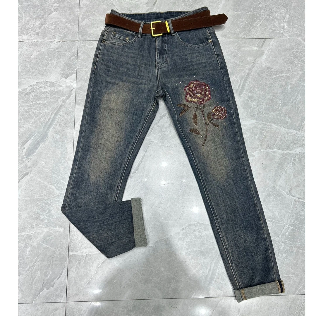 【廷轩】1118秋冬水洗显瘦百搭休闲弹性烫钻刺绣欧货女长裤牛仔裤