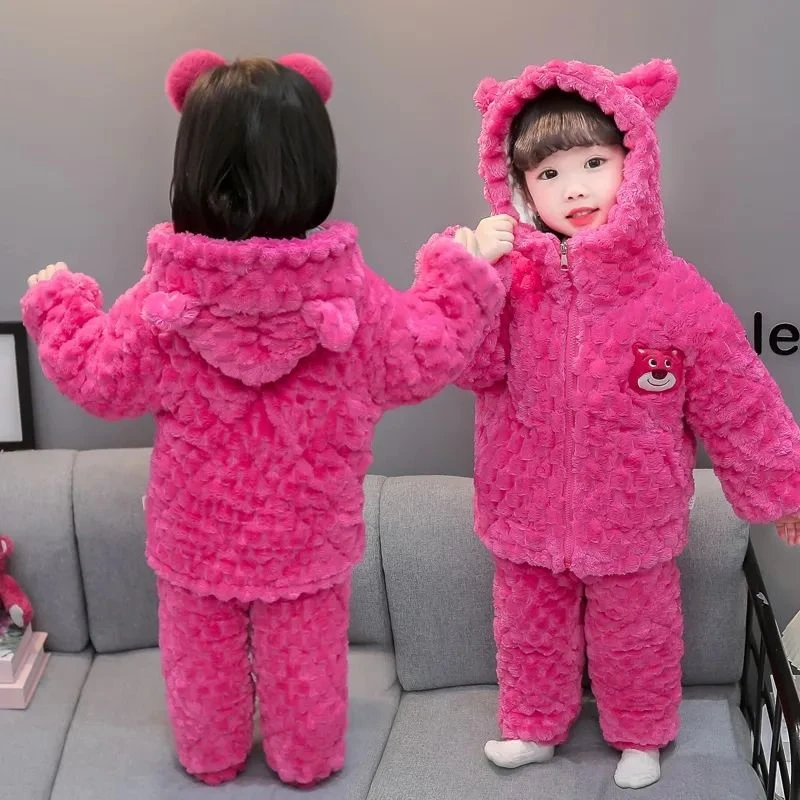 女童冬季三层加绒加厚夹棉睡衣套装新款宝宝保暖儿童法兰绒家居服