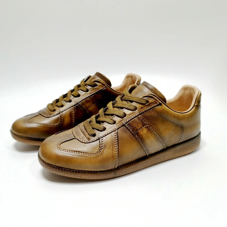 新款小众橄榄绿手工擦色马皮德训鞋复古做旧时尚男女休闲鞋中性鞋