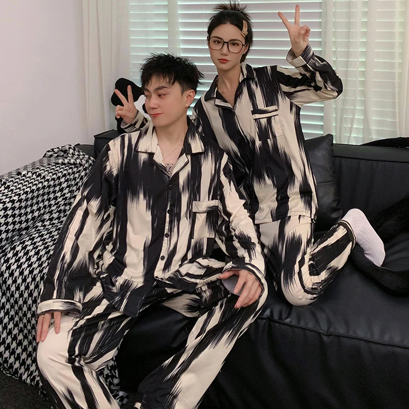 情侣睡衣春秋季长袖长裤套装夏天网红男士女士条纹宽松开衫家居服