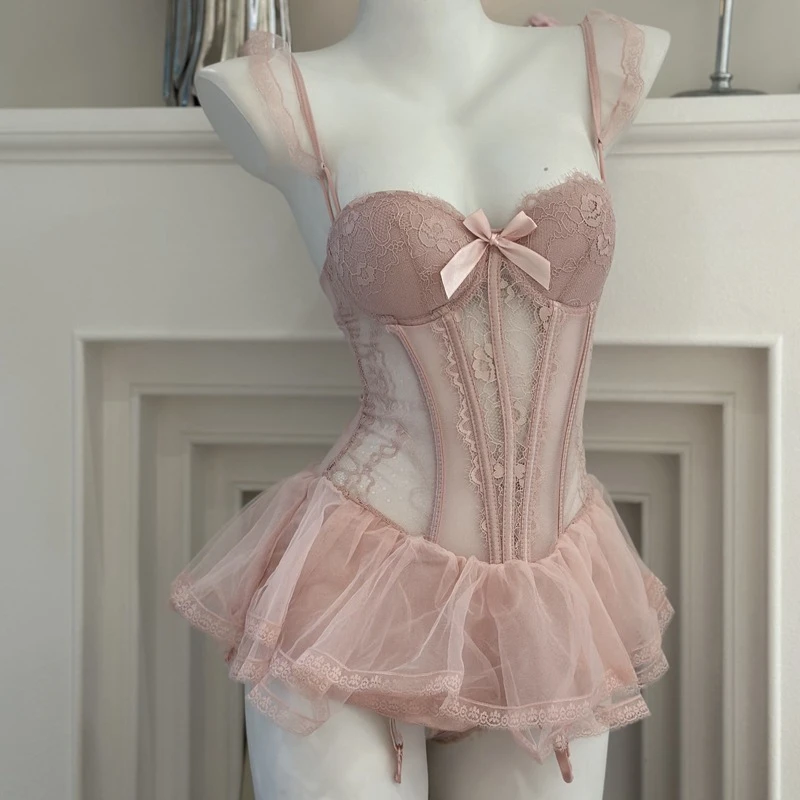 【涩谷精选】性感网纱胸垫睡衣钢圈马甲蓬蓬裙制服法式套装