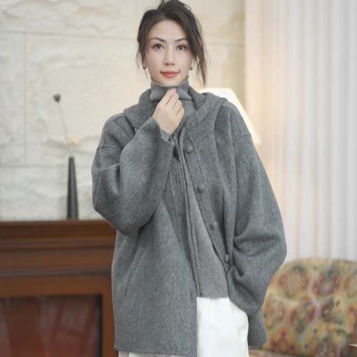 五儿精工9186#新冬季羊绒+绵羊毛连帽长袖毛呢外套外穿慵懒风百搭