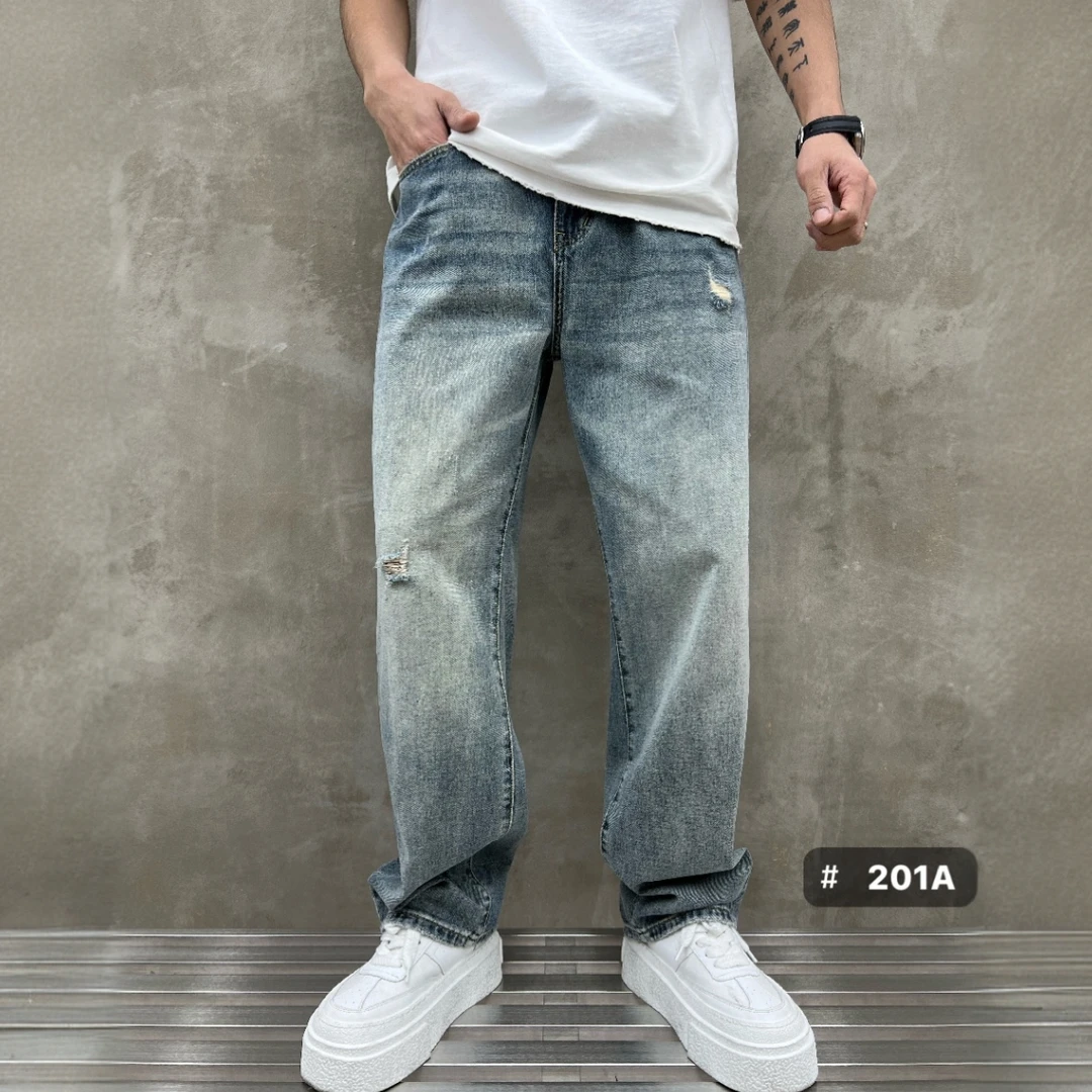 （刘大先生专属）男士秋季新款直筒复古破洞牛仔裤 201A