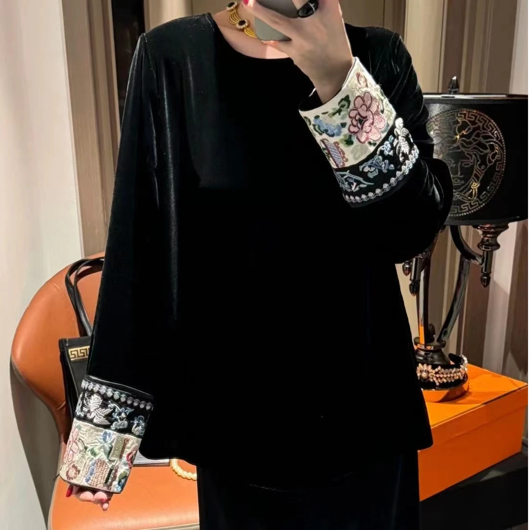 袖口刺绣真丝衬衫女桑蚕丝丝绒圆领长袖新中式黑色显瘦气质上衣