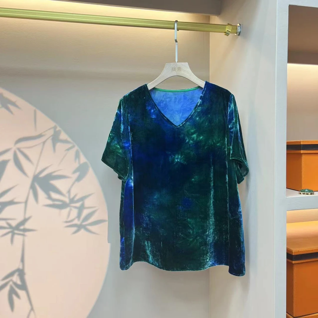 【福利款】桑蚕丝扎染V领短袖 真丝丝绒晕染宽松显瘦小衫内搭上衣