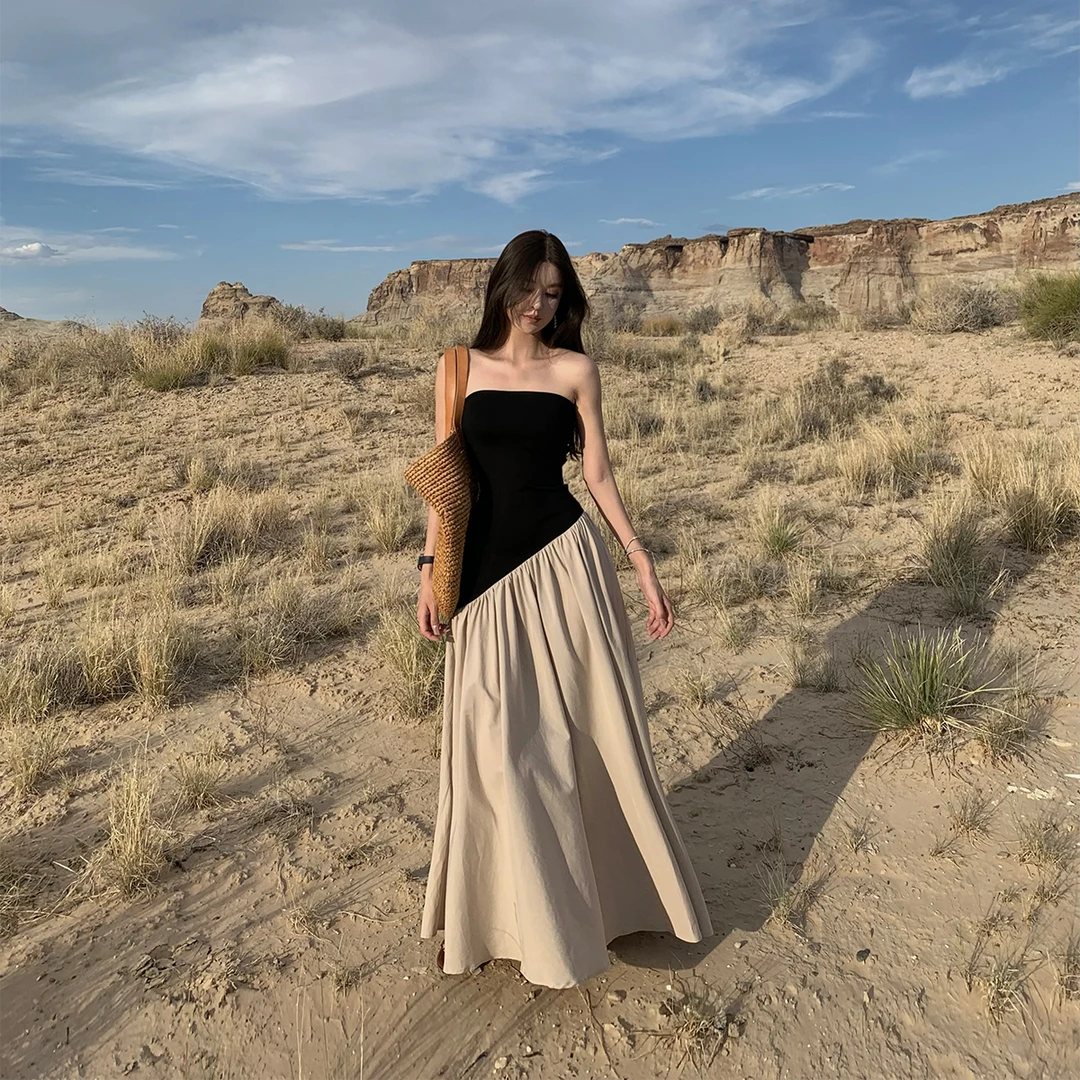 7/26「荒野静奢」斜裁拼色抹胸连衣裙 裙摆63莱赛尔FA2403355