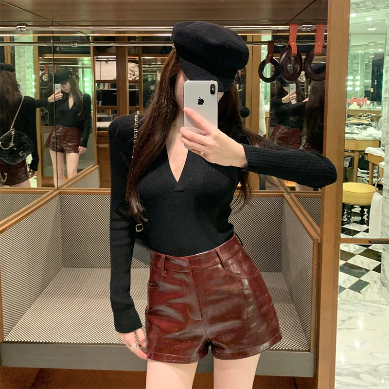 「美式热红酒」做旧感手工擦色/漆皮料短裤 显腿长烟管版型