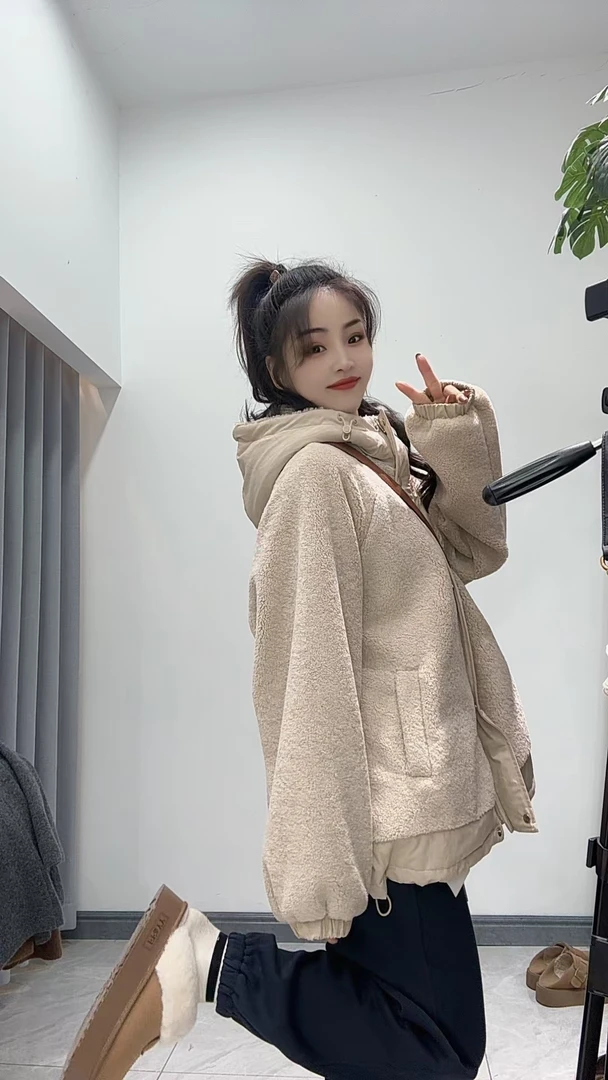 6990【蝶谷】韩版休闲宽松拼接连帽加厚外套