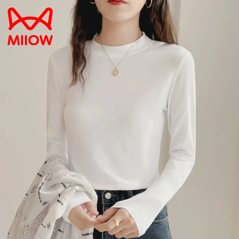 MiiOW/猫人半高领白色打底衫女小立领内搭长袖修身棉款早春秋装t