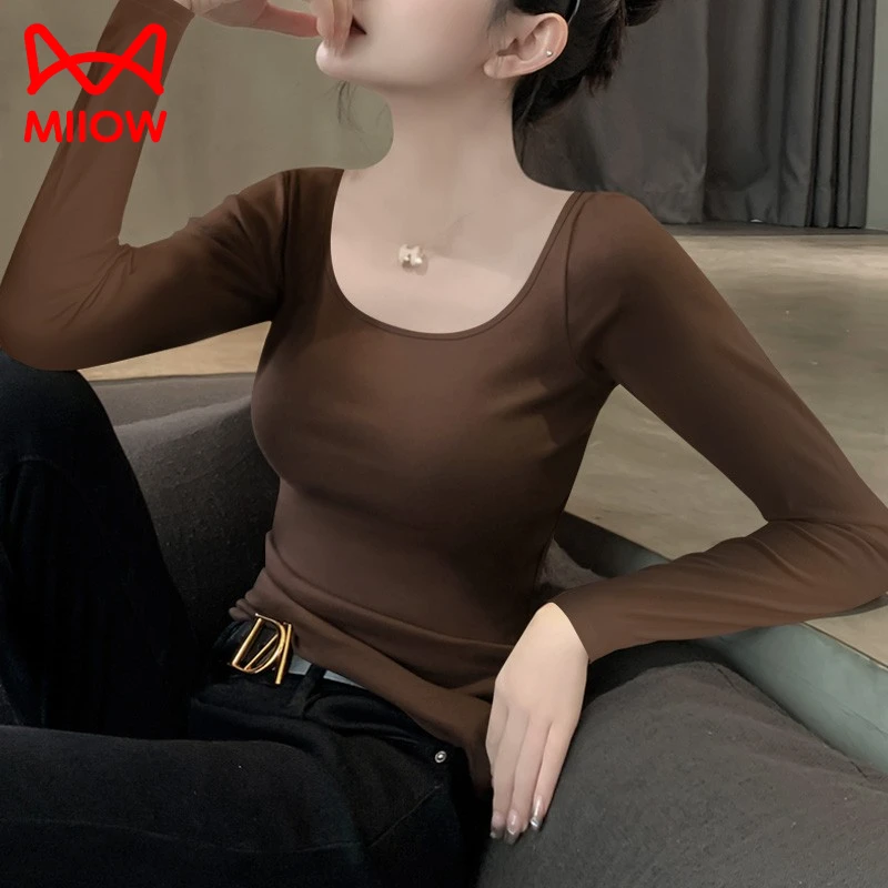 MiiOW/猫人薄款打底衫女长袖T恤夏季修身百搭咖色显瘦低领上衣