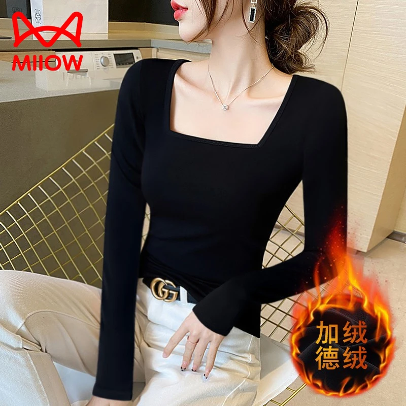MiiOW/猫人双面磨毛打底衫女秋冬新款方领长袖加绒加厚内搭上衣