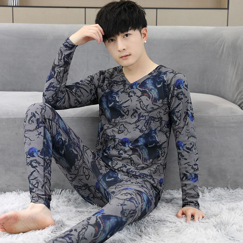 2023新款德绒保暖内衣套装男士薄款打底衫秋冬季印花无痕秋衣秋裤