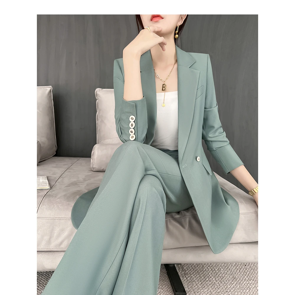 绿色西装套装女微喇叭裤韩版春秋正装职业女神范修身西服显瘦气质