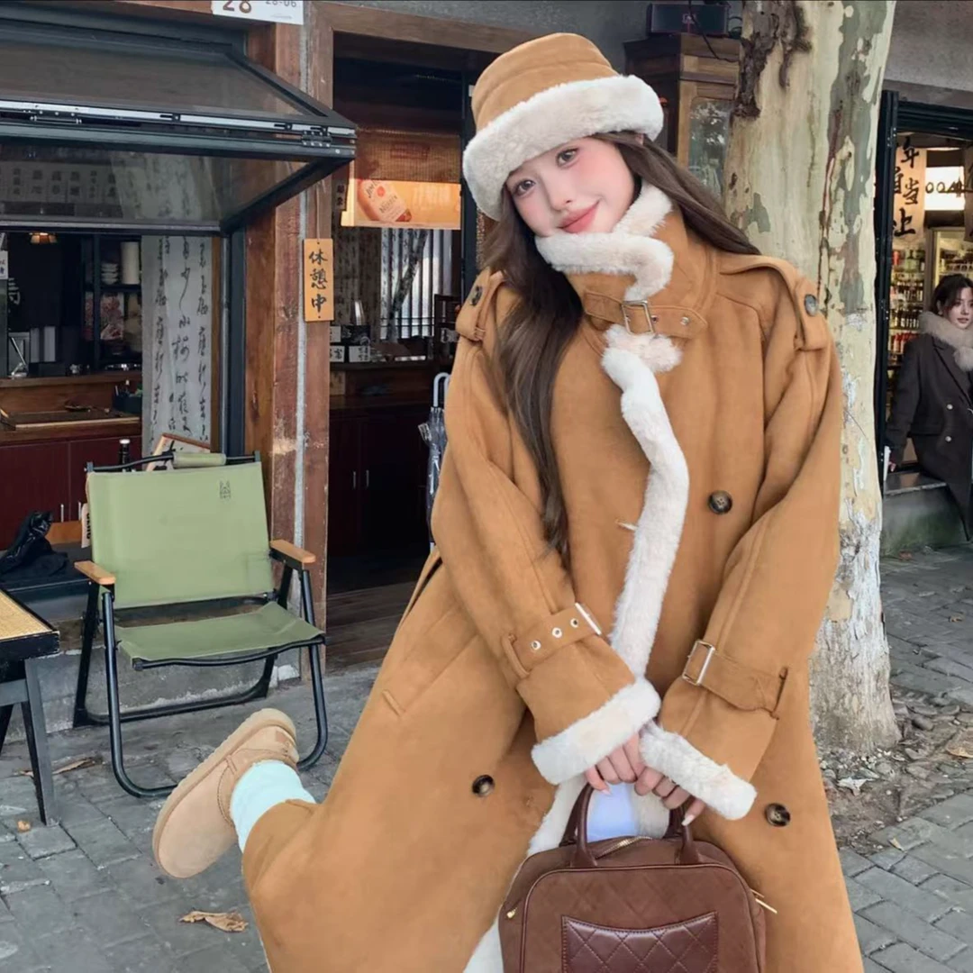 零下15°度 皮毛一体加绒加厚大衣女款百搭显瘦长款大衣外套 9813