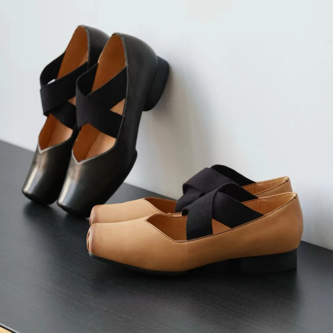 东莞产 程程推荐 真皮女鞋方头复古猪鼻子百搭浅口交叉带芭蕾舞鞋