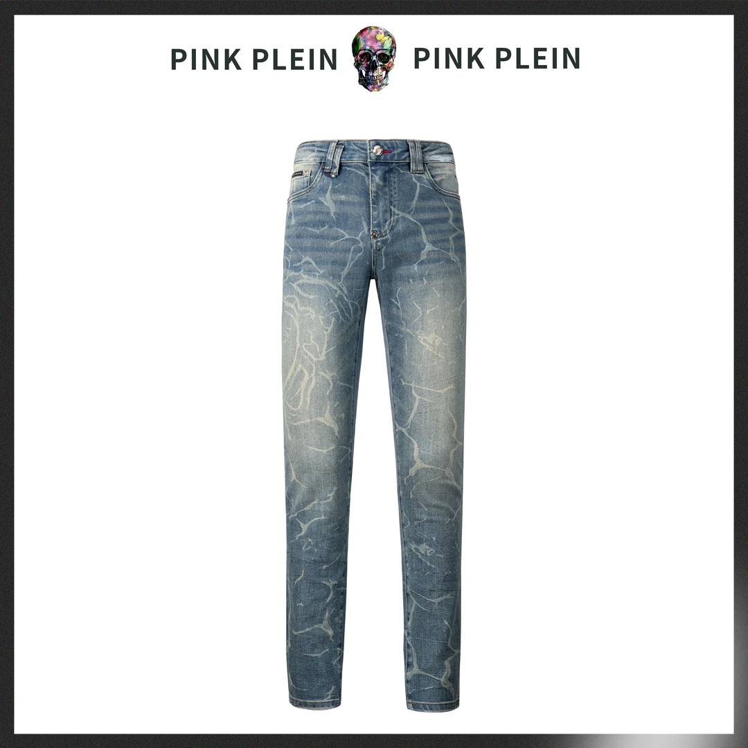 PINKPLEIN美人头系列PP牛仔裤2024秋冬修身直筒潮流美式复古闪电