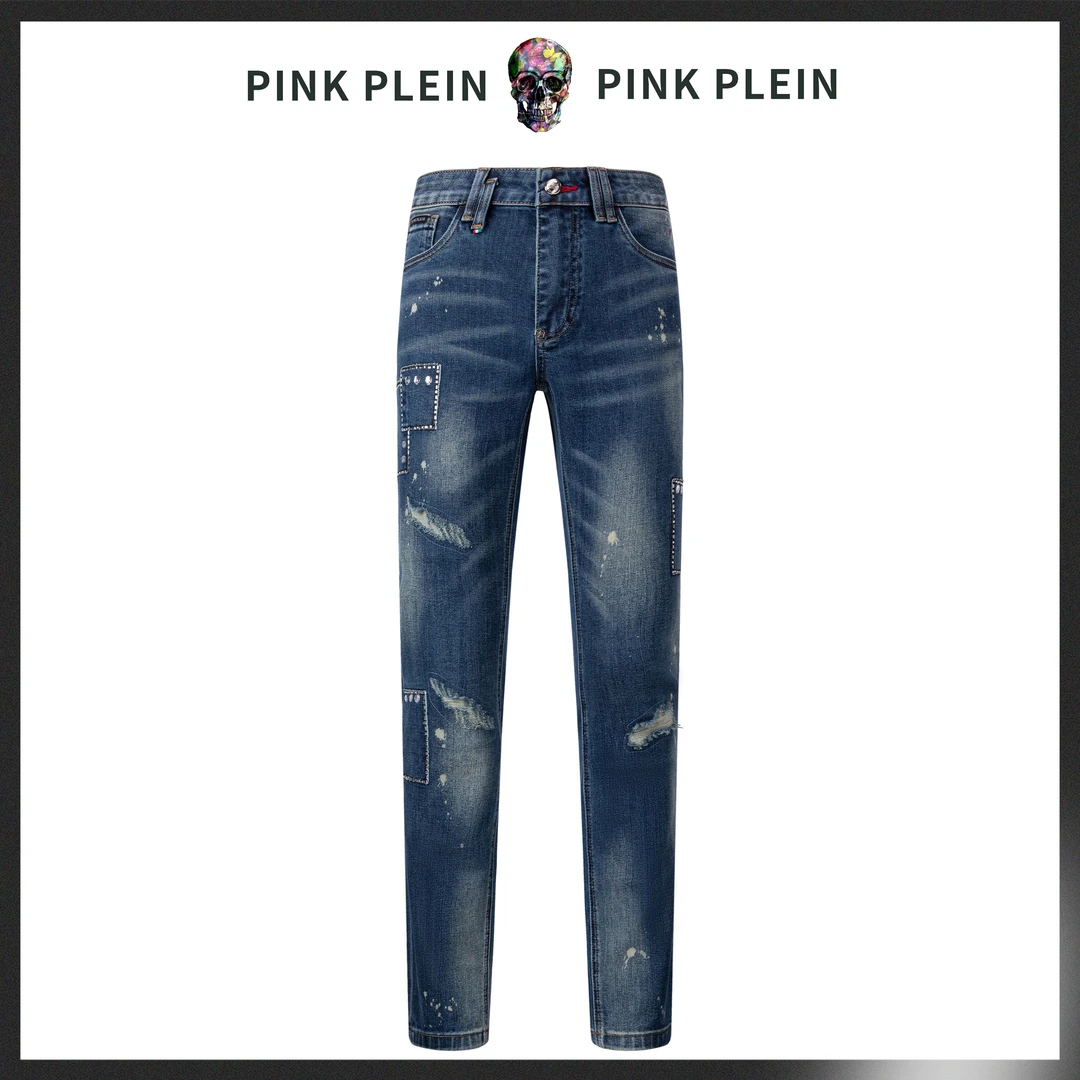 PINK PLEIN潮流男士牛仔裤秋冬新款蓝色高端弹力修身直筒裤