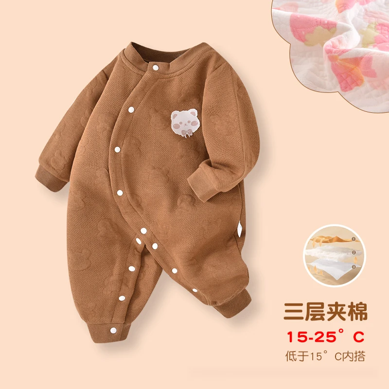 新生婴儿衣服连体衣春秋夹棉爬爬服婴幼儿薄棉保暖哈衣男女宝宝LF