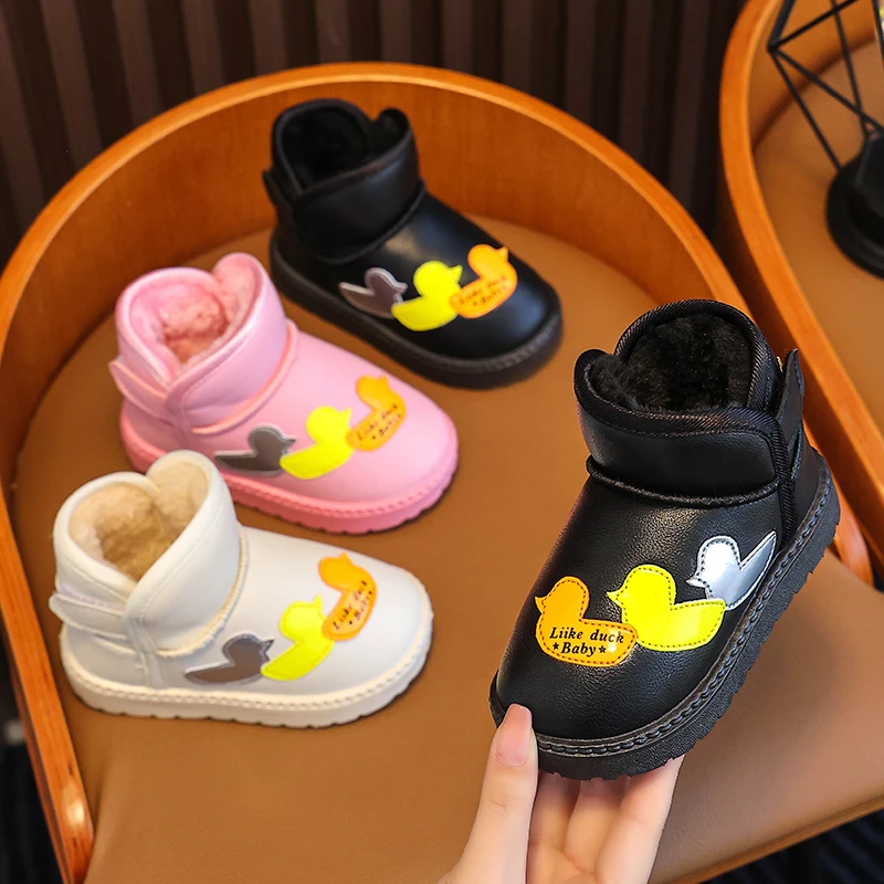 儿童冬季皮面雪地靴新款男女童加绒加厚保暖鞋宝宝软底学步鞋LH