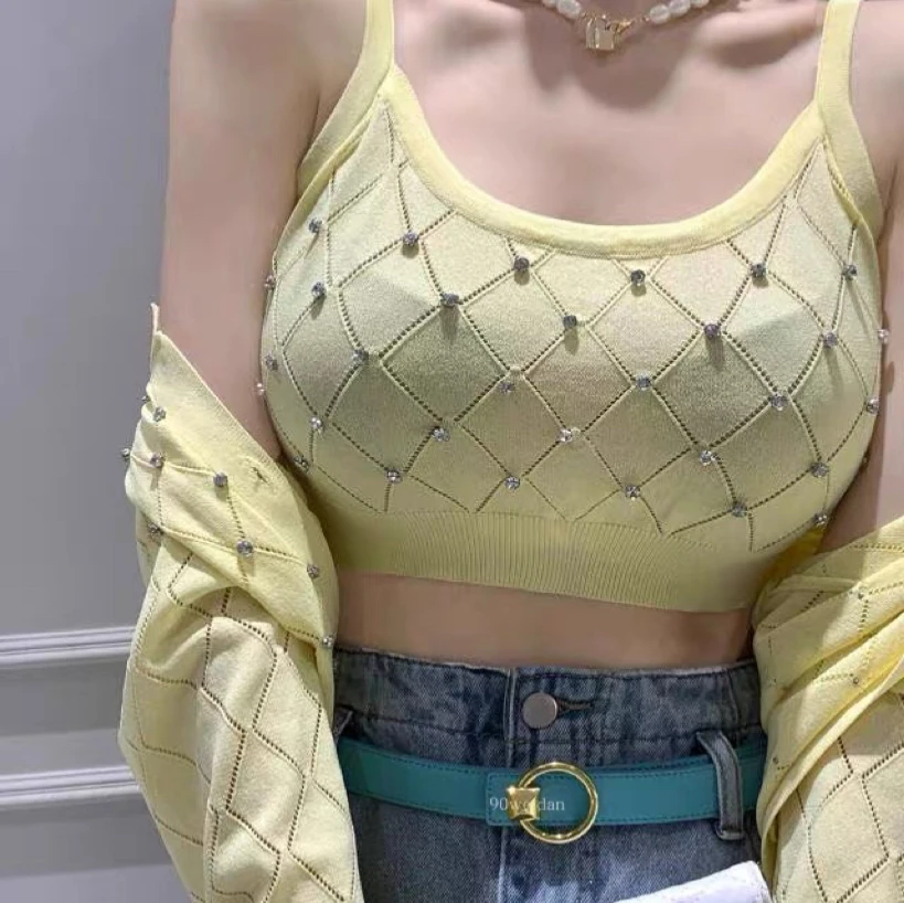 99新miumiu缪缪菱形镶钻针织吊带浅黄色38码