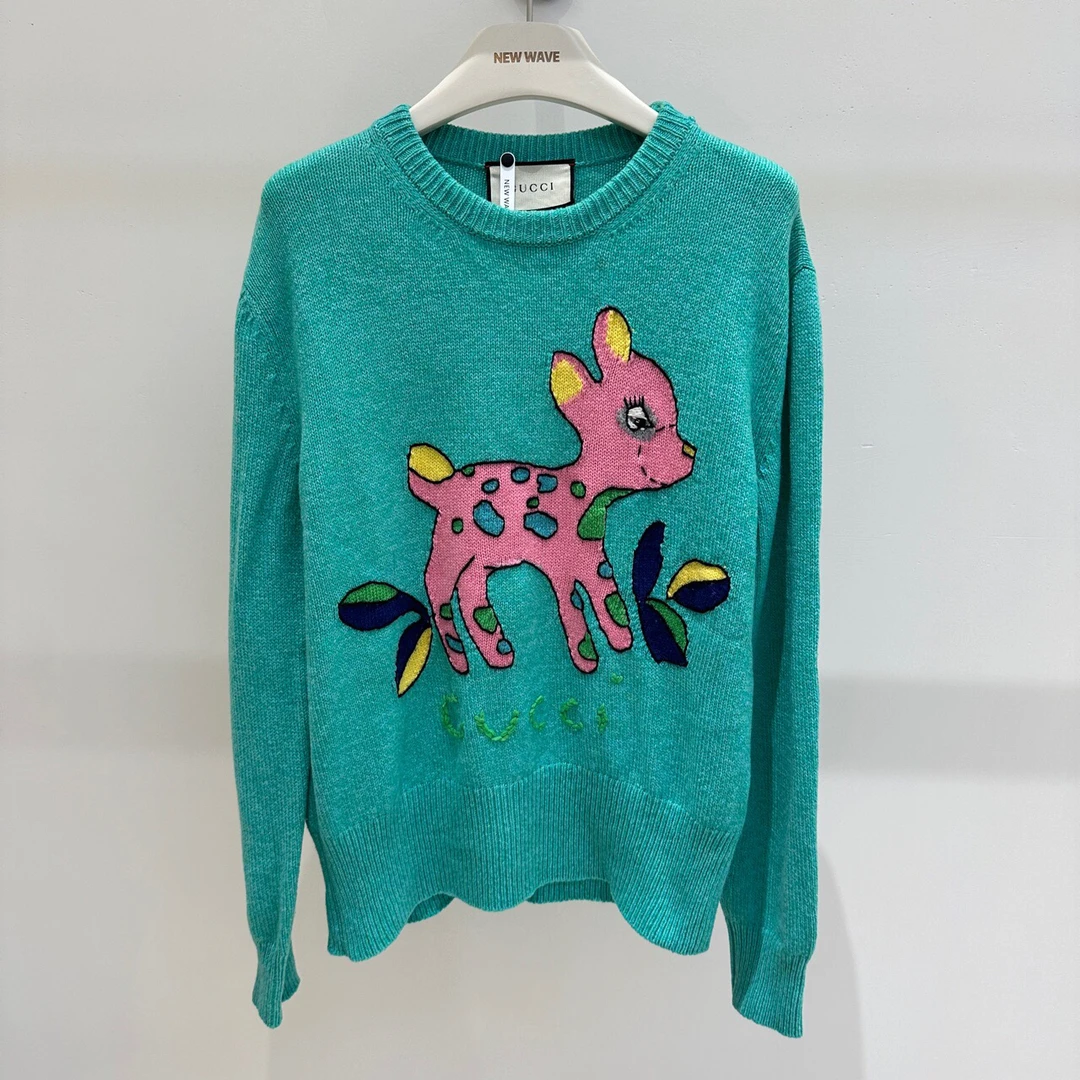 95新轻微污渍 Gucci古驰 湖水绿刺绣小鹿毛衣L码原价8800 GU00007