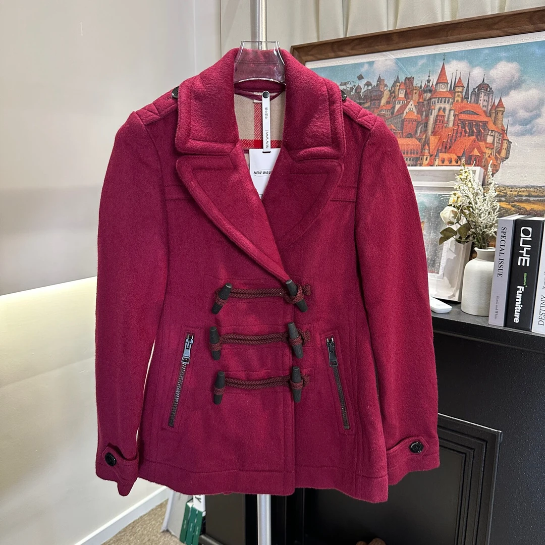 99新 Burberry博柏利 酒红羊毛牛角扣大衣36码原价8000 BU553