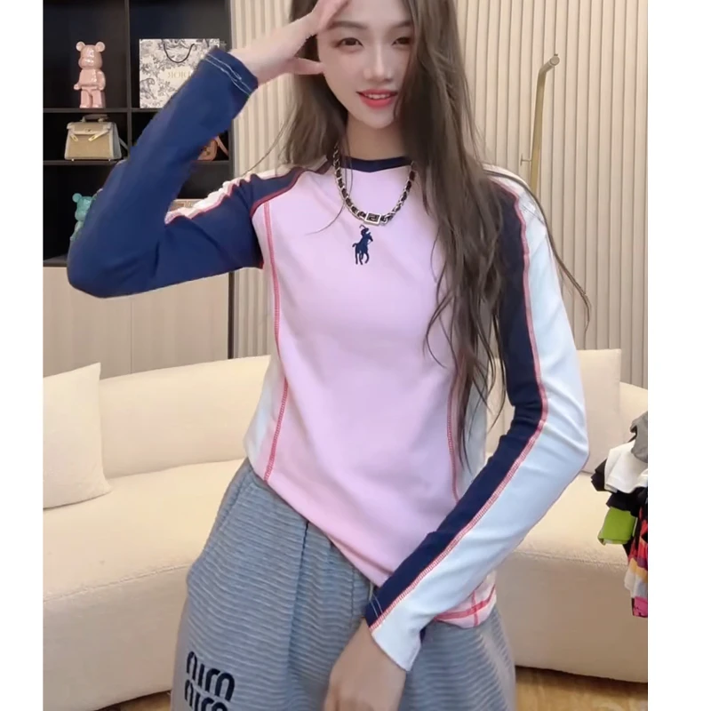 打底衫女2024秋冬新款圆领撞色拼接设计T恤小众修身洋气时尚长袖