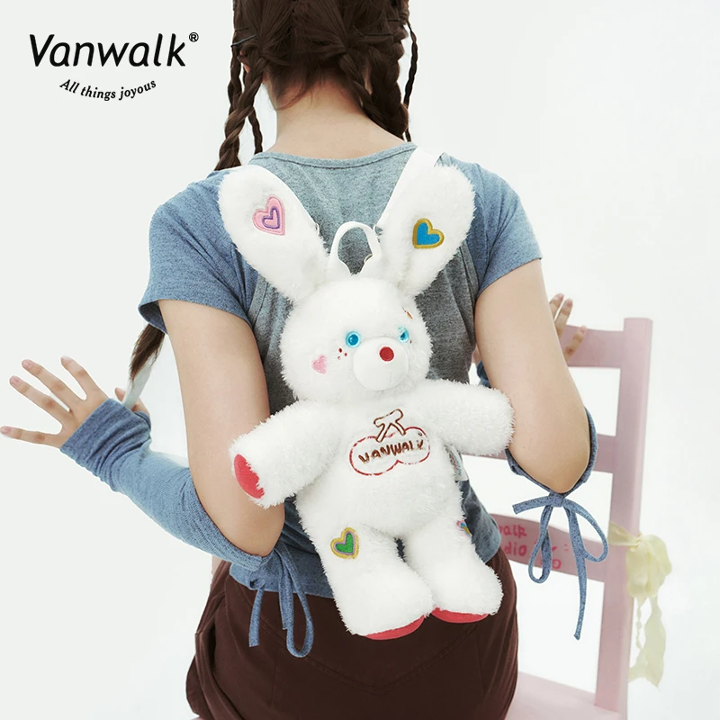 VANWALK自制可爱甜心毛绒心心秋冬兔子双肩包卡通ins加厚女生礼物