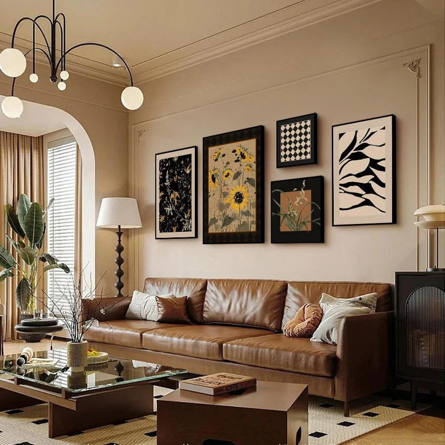 中古风客厅组合装饰画法式复古挂画美式高级感沙发背景墙艺术壁画