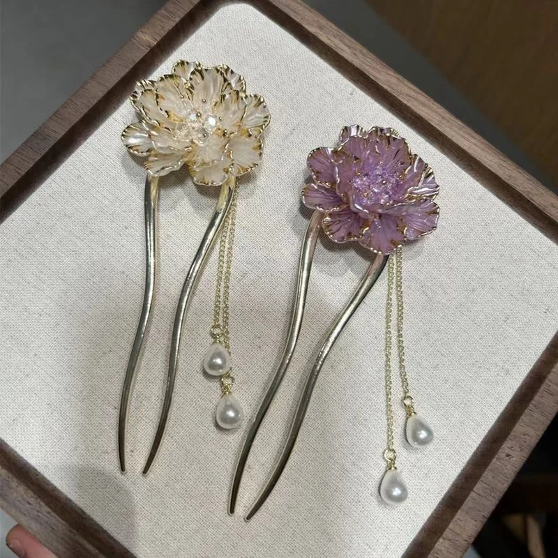 哈韩宅物高档珐琅彩国风牡丹花流苏珠珠发簪古风发饰盘发U型簪子