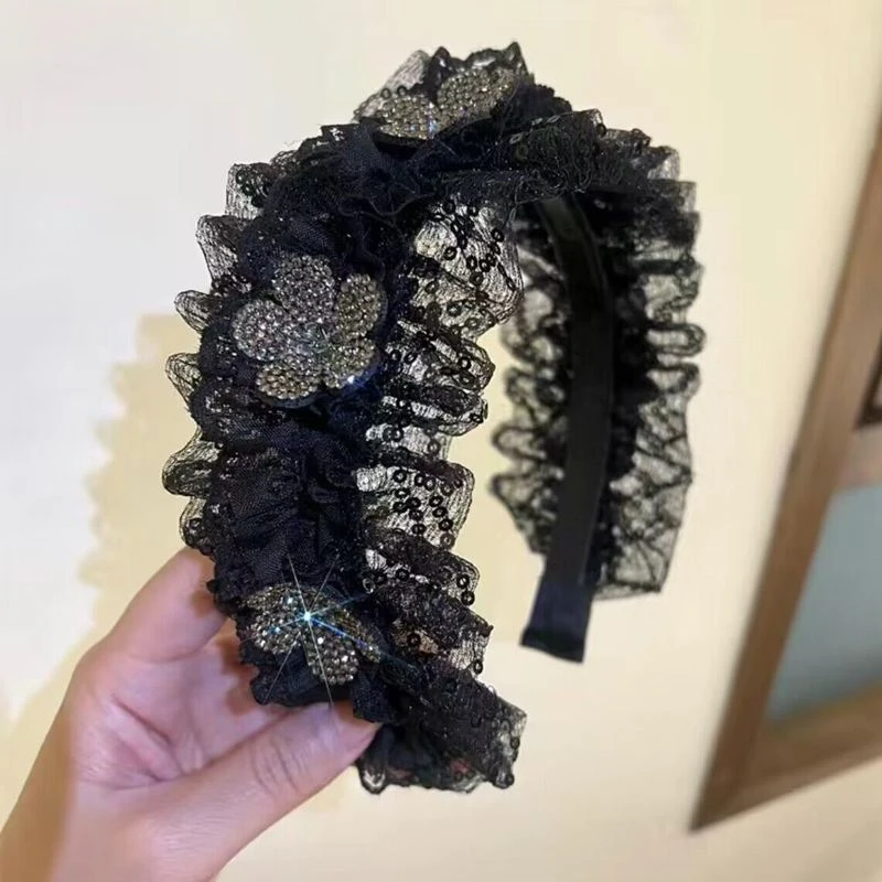 哈韩宅物高级感黑色花朵蕾丝褶皱高颅顶发箍压碎发整理头箍发卡