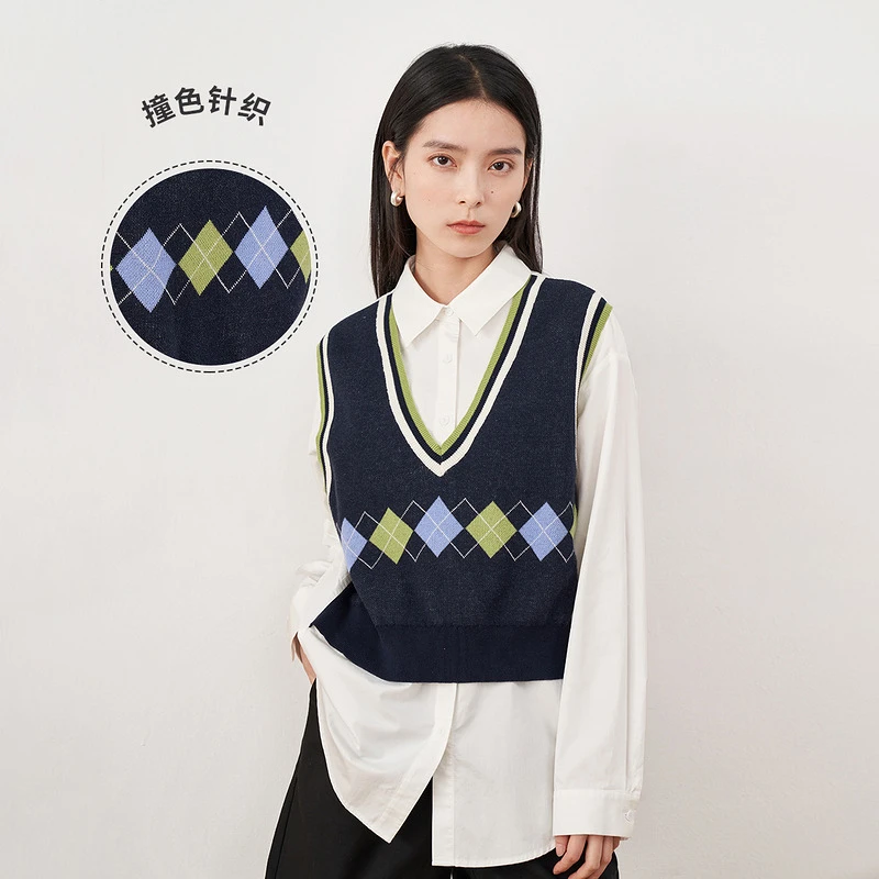 【大叔专属】茵曼休闲翻领撞色衬衫针织学院风马甲假两件18213437