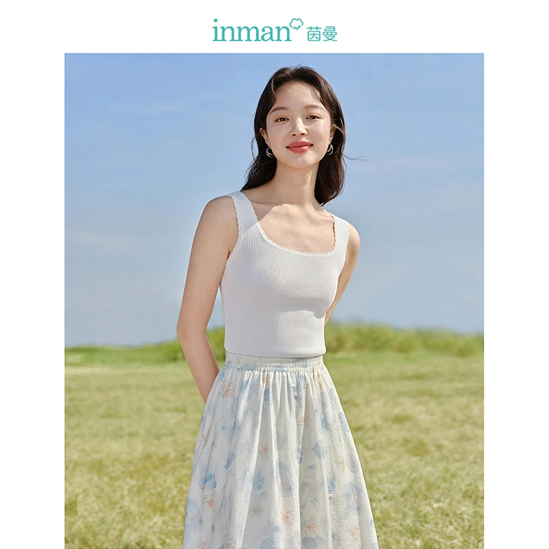 【茵曼女装】茵曼条纹针织背心波浪方领无袖叠穿套头上衣18412668