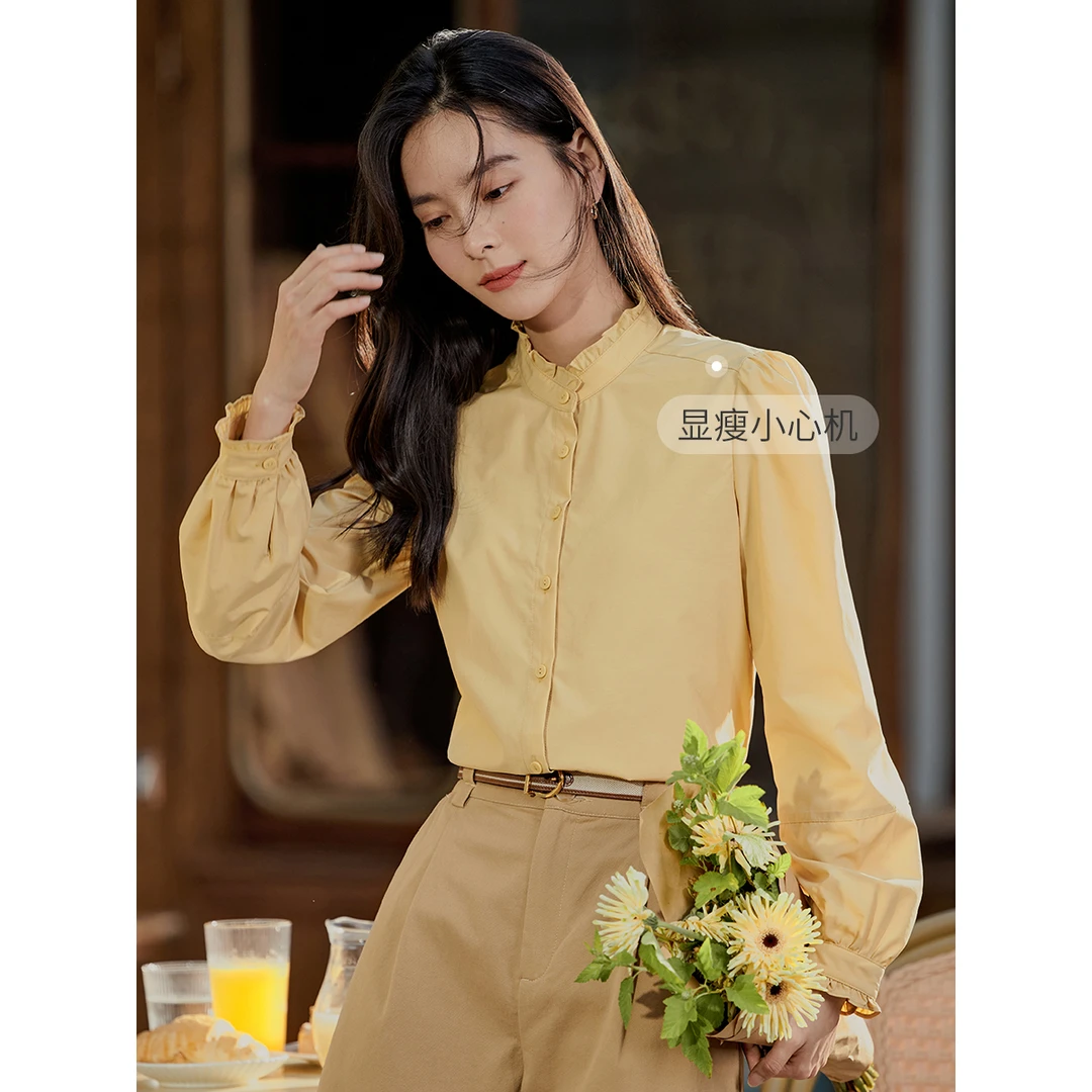 茵曼2025秋季女装新款法式立领气质荷叶边显瘦直筒泡泡袖衬衫衬衣