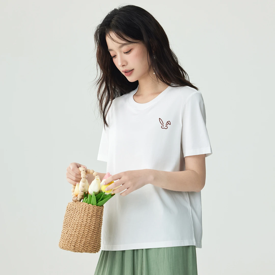 茵曼小兔子T恤圆领凉感索罗纳简约打底F18424858