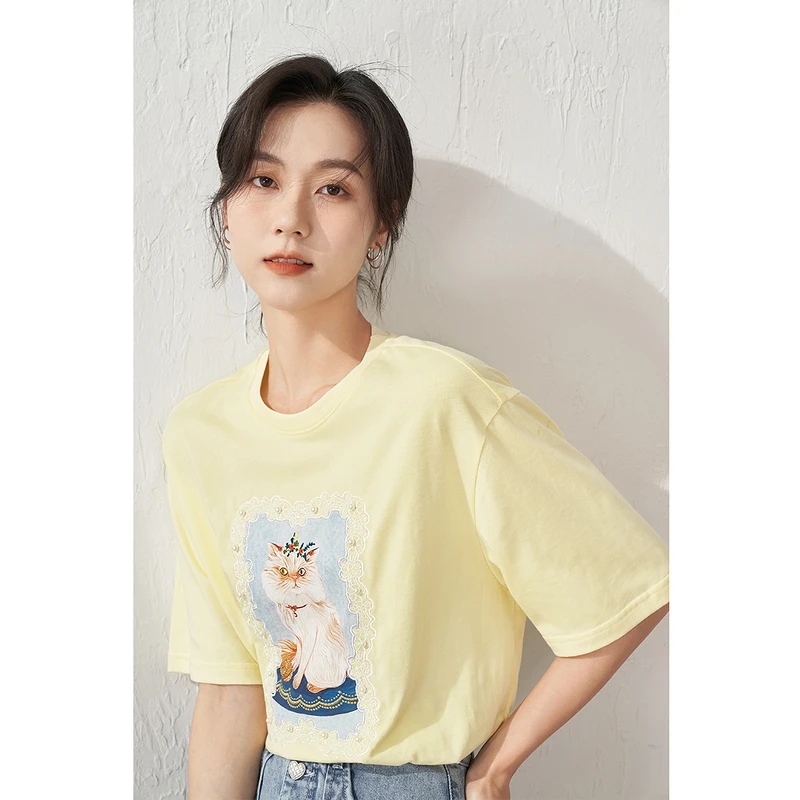 【红人专属】茵曼萌趣烫画绣花T恤宽松18225609女装纯棉休闲夏季