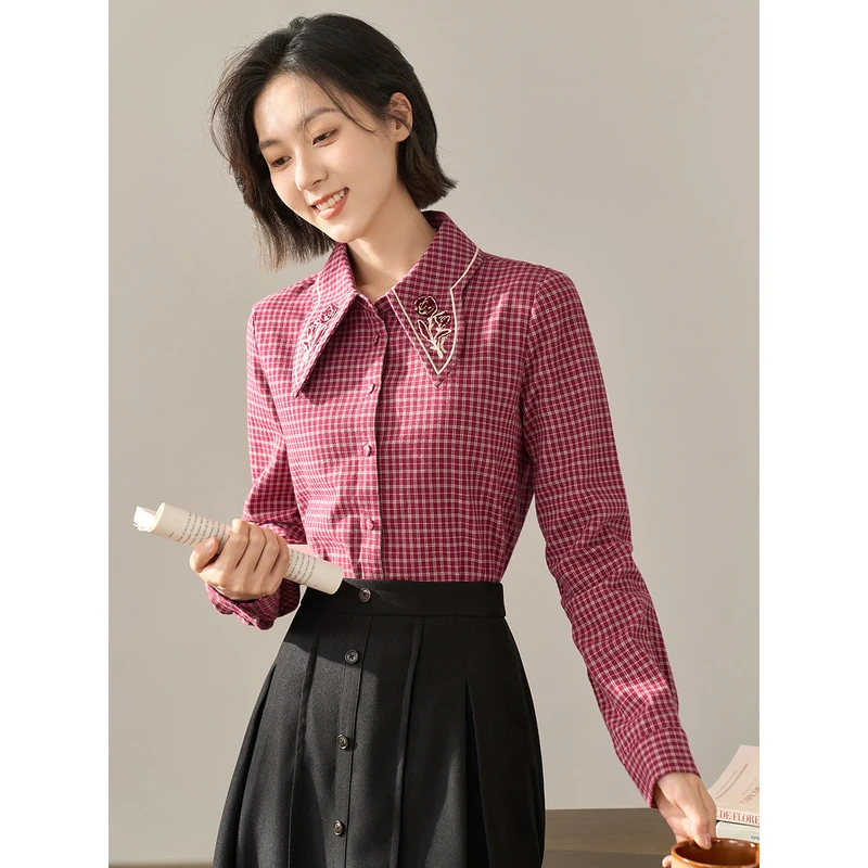 【茵曼女装】茵曼冬钉珠绣花经典格子泡泡长袖衬衫